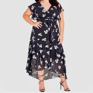 City Chic women maxi floral Dress ruffle elegant coquette blue plus sz M/18